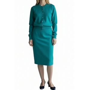 Vintage 1950s Wool Sweater Pencil Skirt Set Size XS Green Pinup Preppy Academia